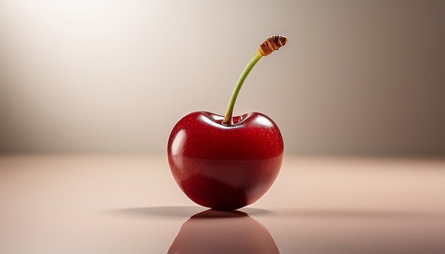 Red Cherry Stands Alone On A Smooth Surface With A Light Background Creating A Minimalistic Look