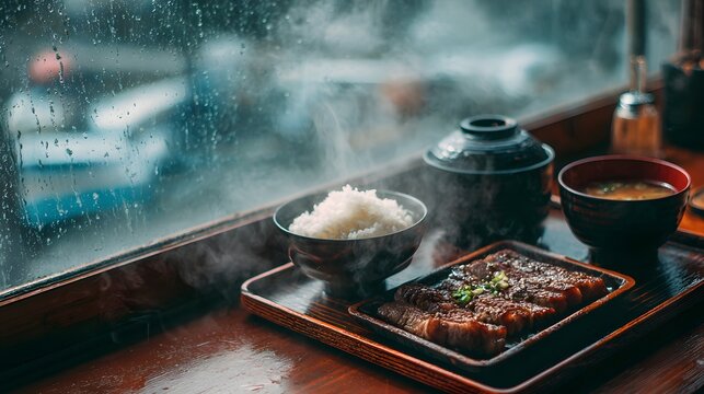 Close-up of a Japanese restaurant meal set with rice, soup, and grilled meat on a rainy day.