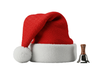 Vibrant red Santa hat with white trim and pom-pom, beside a gleaming silver sleigh bell, studio shot on clean transparent background for a festive product display concept.