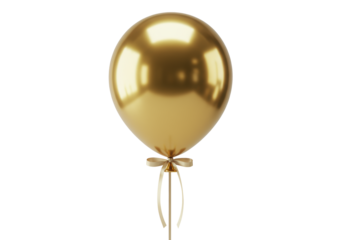 Golden, perfectly spherical metallic balloon with high-gloss sheen and cream silk ribbon, 45-degree elevated shot on transparent, bright studio lighting, concept of luxurious perfection