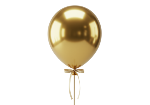 Golden, perfectly spherical metallic balloon with high-gloss sheen and cream silk ribbon, 45-degree elevated shot on transparent, bright studio lighting, concept of luxurious perfection