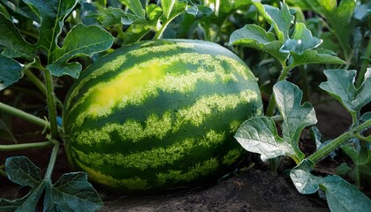 Obraz premium Ripe Watermelon Partially Submerged In Vegetation Green Leaves Ripe Green Yellow Rind Outdoor Setting Sunny Day Angled Perspective Emphasis On Texture And Color