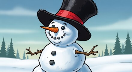 Happy Cartoon Snowman Wearing a Black Top Hat.