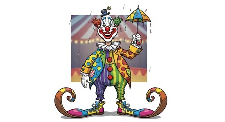 Happy Circus Clown with Umbrella and Big Shoes.