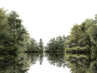 Obraz premium PNG of Serene view of a tranquil forest reflecting on calm water, showcasing lush greenery and peaceful nature vibes.