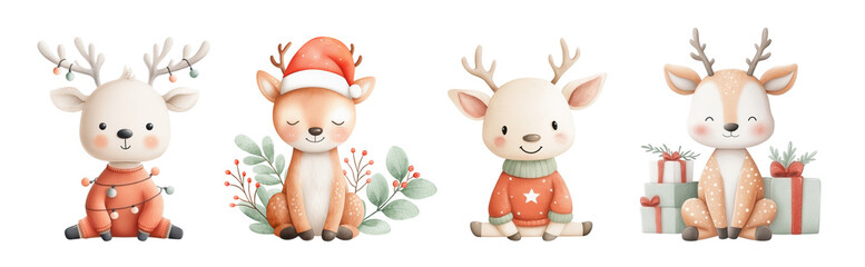 Christmas set of reindeer in sweaters, with gifts, holiday lights, Santa hat and winter decorations.