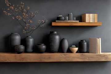 Stylish dark home interior with matte black wall and minimal decor