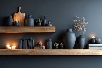 Stylish dark home interior with matte black wall and minimal decor