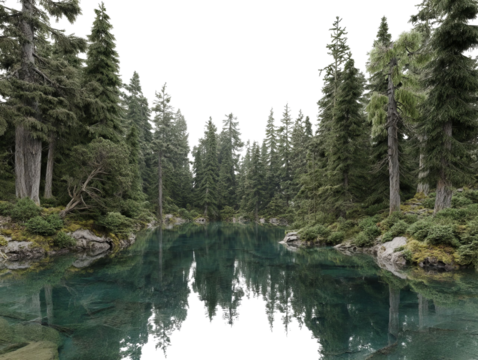 PNG of Serene forest landscape showcasing tall evergreen trees reflecting in calm waters. - Powered by Adobe