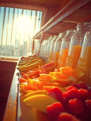 fresh fruit juice and fruit display