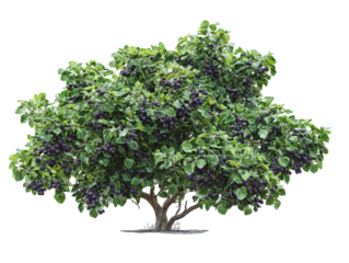 PNG of A lush, fruit-bearing tree covered in ripe plums showcasing vibrant green leaves and deep purple fruits.