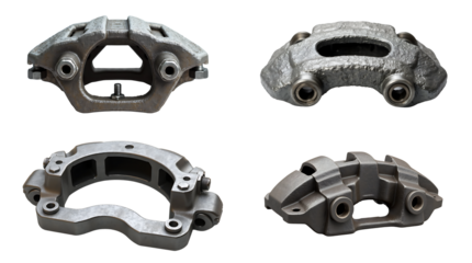Brake calipers of various angles and styles for automotive parts on a transparent background