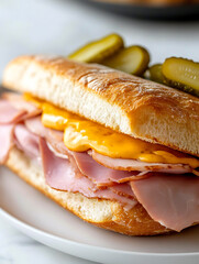 A delicious sandwich filled with ham, cheese and pickles, served on a white plate. The crust is a golden brown color and the cheese is a tasty yellow color.