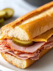 Delicious sandwich with sliced deli meat, cheese, and a pickle, perfect for a quick meal or lunch break. A tasty treat!