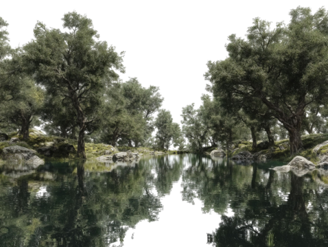 PNG of Serene lakeside view with lush trees and calm waters reflecting nature's beauty.