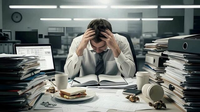 Stressed businessman overwhelmed by paperwork and deadlines, struggling with intense work pressure in a chaotic office environment