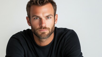 Obraz premium Confident Young Man with Beard Posing Against a Light Background