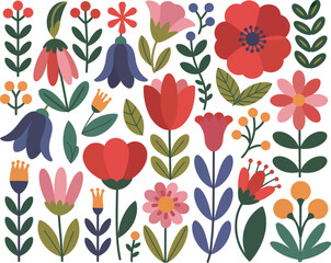 Whimsical Floral Arrangement A Colorful Flat Design Featuring Various Flowers, Leaves, and Elements