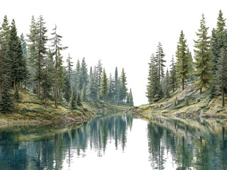 PNG of Stunning tranquil lake surrounded by tall green pine trees, reflecting the lush landscape in calm waters.