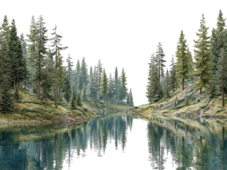 PNG of Stunning tranquil lake surrounded by tall green pine trees, reflecting the lush landscape in calm waters.