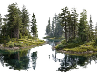 Obraz premium PNG of Serene forest landscape reflecting in a calm river with lush greenery all around.