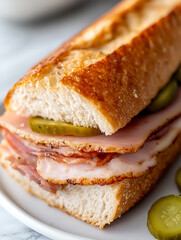 Delicious ham and pickle sandwich on crispy bread. A tempting lunchtime favorite. Enjoy the classic flavor combination!