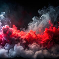 Red, white, and blue smoke swirls against black. Ethereal and abstract, forming a dramatic backdrop