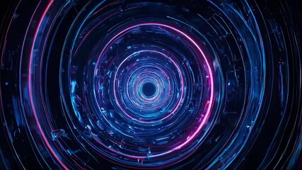 Abstract futuristic tunnel with glowing neon circles in blue and pink creating a vortex effect - Powered by Adobe