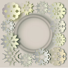 Holiday card New Year happy holidays paper cut layered handmade style with snowflakes frames and pearlescent paper effect