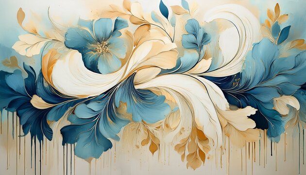 loose abstract florals soothing dripp paint with neutral blue light oak and creamy white pattern art background generative ai
