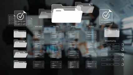 Modern digital interface displaying folders and task processing status in a collaborative workspace context, emphasizing project management and efficient workflow solutions. Raster