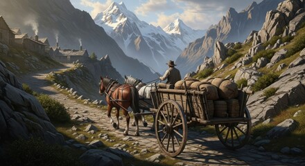 Horse-Drawn Cart in Mountainous Landscape - A Journey Through the Alps.