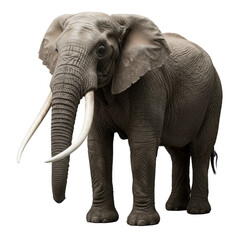 Fototapeta premium Majestic adult male African elephant, transparent tusks, wrinkled grey skin, on seamless light grey studio background, no shadows, perfectly lit, concept of anatomical precision