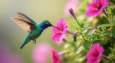 Hummingbird feeding on a vibrant pink petunia flower in a garden.