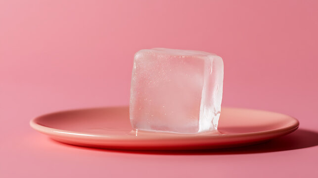 Melting Moments: An ice cube slowly dissolving on a pink plate against a matching background, creating a simple, minimalistic still life.