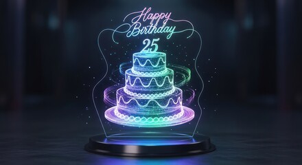 Illuminated 25th Birthday Cake Display with Vibrant Colors.