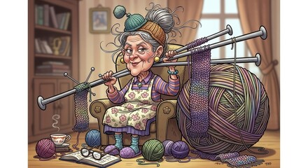 Humorous Cartoon of a Grandmother Knitting with Oversized Needles.