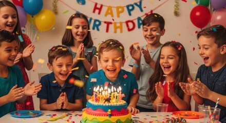 Joyful Boy Blowing Out Candles on Birthday Cake with Friends.