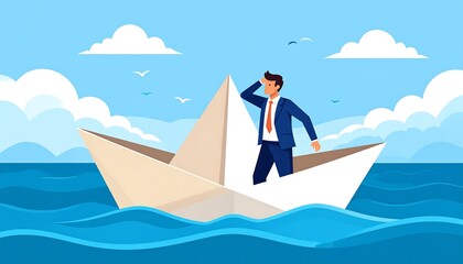 Businessman in a paper boat on troubled waters