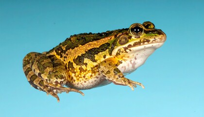 Fototapeta premium Vibrant frog with intricate patterns and striking eyes poses against a clean blue backdrop