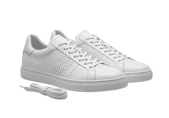 Two new, transparent leather sneakers with untied laces and perforated side panels, a coiled bundle of white laces on a seamless transparent background. Concept of premium product presentation