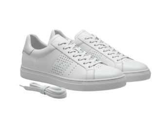 Two new, transparent leather sneakers with untied laces and perforated side panels, a coiled bundle of white laces on a seamless transparent background. Concept of premium product presentation