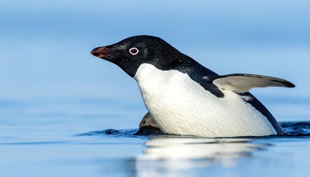 Curious Adelie penguin emerges from calm Antarctic waters, ready for adventure