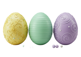 Elegant Easter eggs: butter yellow floral, mint green stripe, lavender swirl, glossy, reflective, with sugar pearls, on transparent, pristine commercial display concept