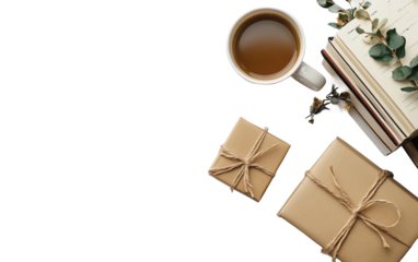 Teacher appreciation scene with coffee mug books and decorative items arranged as a heartfelt gesture of gratitude for educators isolated on transparent background PNG