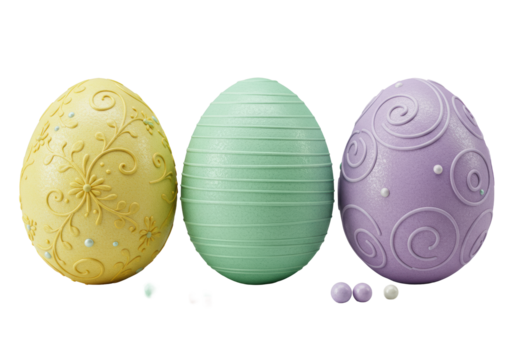 Elegant Easter eggs: butter yellow floral, mint green stripe, lavender swirl, glossy, reflective, with sugar pearls, on transparent, pristine commercial display concept - Powered by Adobe