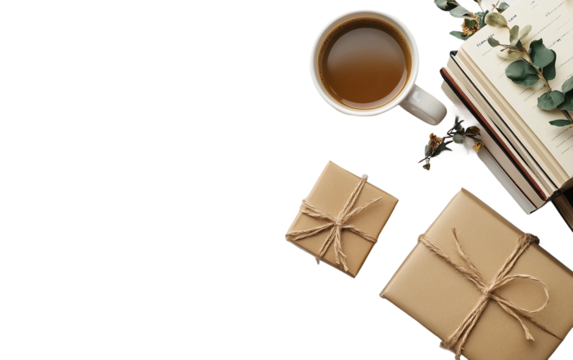 Teacher appreciation scene with coffee mug books and decorative items arranged as a heartfelt gesture of gratitude for educators isolated on transparent background PNG