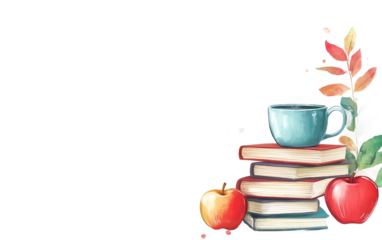 Educational Teachers Day banner featuring pile of books with red apple representing wisdom respect and appreciation for teachers isolated on transparent background PNG