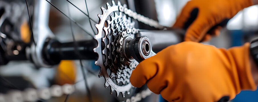 Close-up of a person in orange gloves using a wrench to repair or adjust the gears on a bicycle, focusing on the cassette and chain assembly.