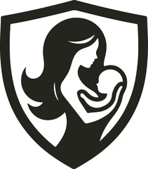 Elegant vector logo showing a mother tenderly holding her baby in a heart-shaped embrace, symbolizing love, care, and maternal connection.